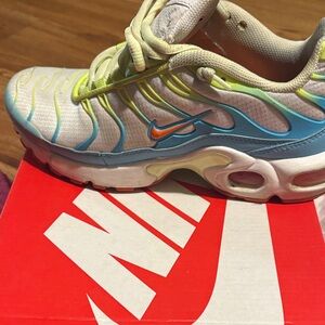 Nike Kids White Sneakers with Blue & Neon Yellow Accents